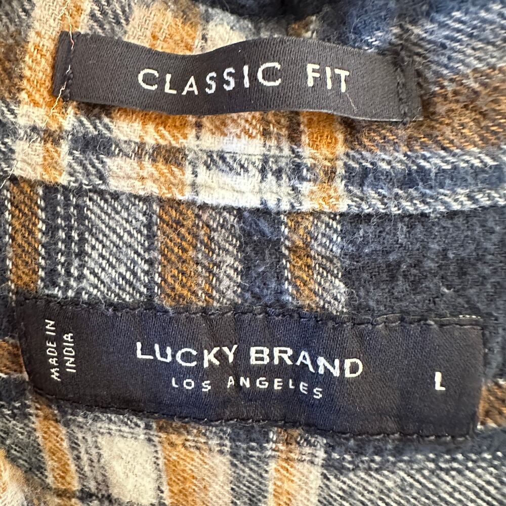 Lucky Brand Mens Large Classic Fit Plaid Flannel Shirt Blue Brown Button Up - Picture 10 of 13